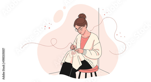 Woman Sewing Clothes with Thread, Creative Hobby and Crafting Lifestyle