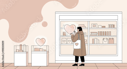 Woman Shopping for Gifts, Heart Decorations in Store Window Display
