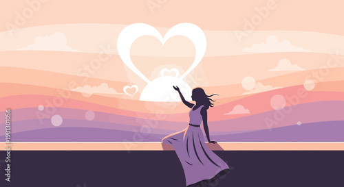 Woman silhouette reaching for heart-shaped sunset, symbolizing love and hope
