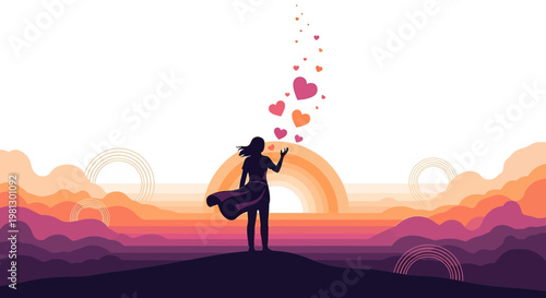 Woman Silhouette Releasing Hearts into Sunset Sky with Rainbows and Mountains