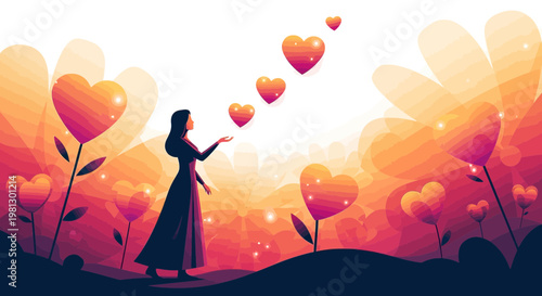 Woman Releasing Hearts in Abstract Floral Landscape