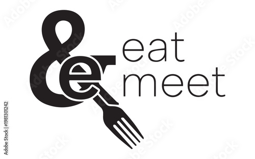 Modern eat & meet logo vector illustration with fork and amp symbol