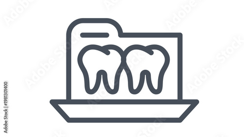 Dental record folder icon vector illustration. Black line art symbol of a medical file containing teeth silhouettes. Minimalist graphic for dentistry, oral health, and patient documentation.