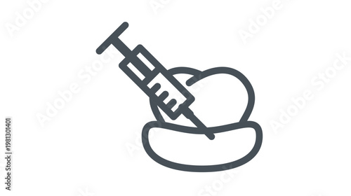 Dental Anesthesia Injection Vector Icon Illustration. Minimalist Black Line Symbol Depicting a Syringe Injecting Local Anesthetic Into a Tooth and Gum for Dental Surgery, Treatment, or Care.