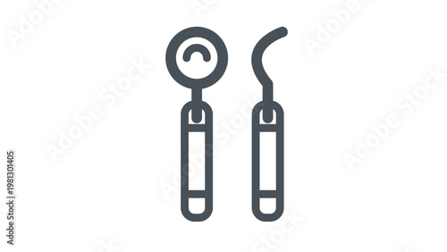 Minimalist black vector icon illustration of professional dental tools including a mouth mirror and a curved explorer hook for oral health checkups, dentistry, and dental hygiene services.