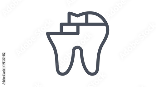 Broken tooth vector icon illustration. Minimalist black line art symbol of a damaged molar with a cavity or fracture, representing dental emergency, tooth decay, and oral health issues.