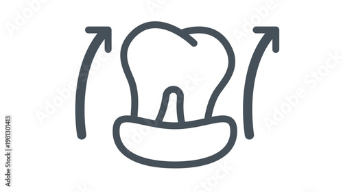 Dental Tooth Extraction Vector Icon Illustration. Minimalist Black Line Symbol of a Molar Being Removed from the Gum with Upward Arrows, Representing Oral Surgery and Dentistry Procedures.