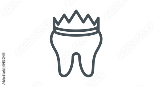 Dental Crown Vector Icon Illustration: Minimalist Black Outline of a Molar Tooth Wearing a King's Crown, Symbolizing Dental Restoration, Oral Health, and Premium Dentistry Services.