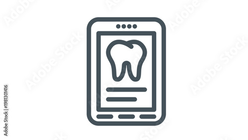 Minimalist black vector icon illustration of a smartphone with a tooth on the screen, representing online dentistry, dental mobile apps, digital healthcare services, and tele-dentistry concepts.