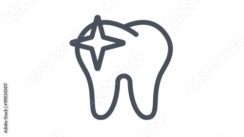 Clean tooth with sparkle vector icon illustration. Minimalist black line art molar symbol for dental health, whitening, and oral hygiene. Scalable graphic for dentistry, medical, and clinic design.
