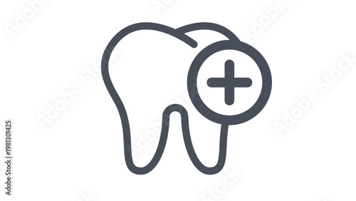 Minimalist black line art vector icon of a human tooth with a medical plus sign symbol in a circle, representing dental care, dentistry, oral health, and tooth protection, isolated illustration.