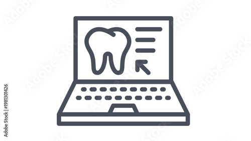 Online dental appointment and teledentistry vector icon. Laptop computer showing a tooth on the screen with a cursor arrow and text lines. Minimalist black line illustration for dental health.