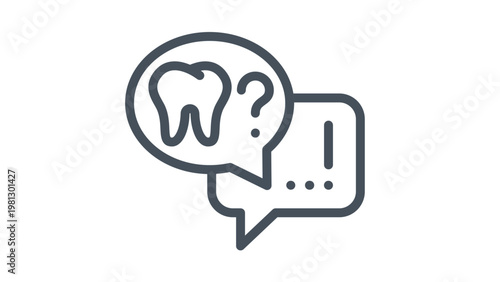 Minimalist black line vector icon illustration of dental consultation speech bubbles with a tooth, question mark, and exclamation point, representing oral health advice and dentist FAQ.