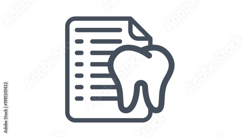 Dental Record Icon Vector Illustration: A Minimalist Black Line Art Symbol of a Tooth and a Document, Representing Dental History, Medical Reports, Insurance, and Healthcare Services.