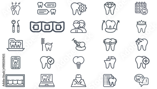 25 Dental Care Vector Icon Set: Black Silhouette Collection for Dentistry, Oral Health, Orthodontics, Hygiene, Toothache, Implants, Braces, X-ray, Dental Tools, and Medical Clinic Symbols.