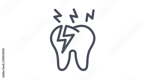 Toothache and dental pain vector icon illustration featuring a tooth with lightning bolts representing sensitivity, decay, or sharp pain, minimalist black line art symbol for dentistry.