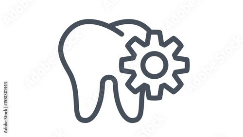 Dental technology and engineering vector icon featuring a tooth with a gear cogwheel. Minimalist black line art illustration for dentistry, oral health maintenance, and dental repair services.