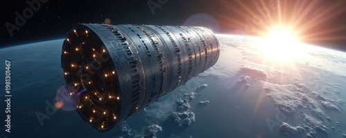 Massive orbital data center spins above Earth. Futuristic cylinder station collects solar power. Sun flares illuminate planet and spacecraft in deep space.