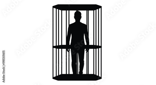 This vector illustration depicts a dark silhouette of a man standing confined inside a restrictive cage.