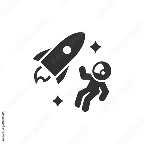 Astronaut floating near rocket icon. Space exploration and zero gravity concept. Monochrome black and white symbol