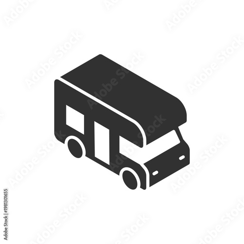 Camper van isometric icon. Mobile home and travel vehicle. Monochrome black and white symbol