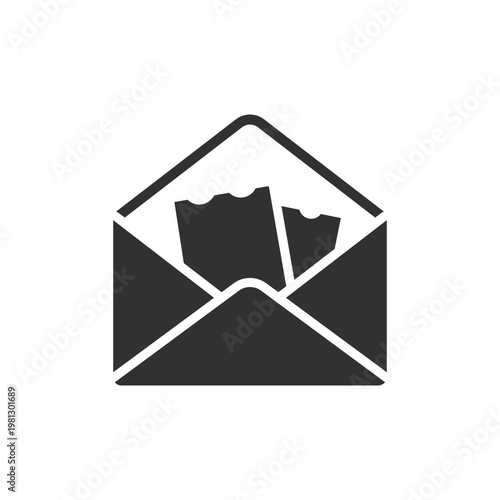 Envelope with tickets icon. Event invitation and digital ticket delivery. Monochrome black and white symbol