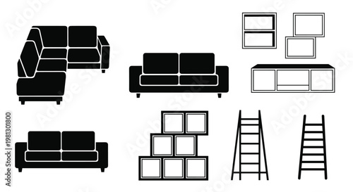 A collection of solid black furniture silhouettes including sectional sofas and storage units is presented in a clean grid layout on a white background.
