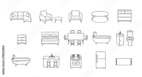 An extensive array of black and white line drawings features various home furniture and appliances like a bed and a kitchen stove on a white background.