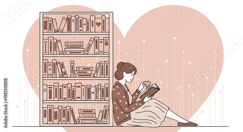 Woman Reading Book by Bookshelf with Heart Background - Cozy Reading Nook