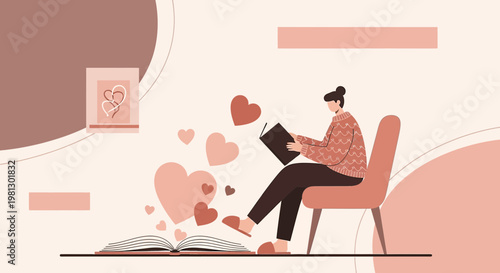 Woman Reading Book Surrounded by Hearts, Love Story, Romantic Illustration