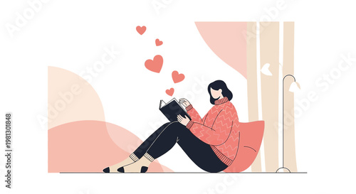 Woman Reading Book with Hearts Floating Up, Cozy Reading Nook, Love of Reading