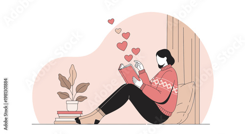 Woman Reading Book, Hearts Floating Up, Cozy Indoor Scene, Relaxation and Love for Literature