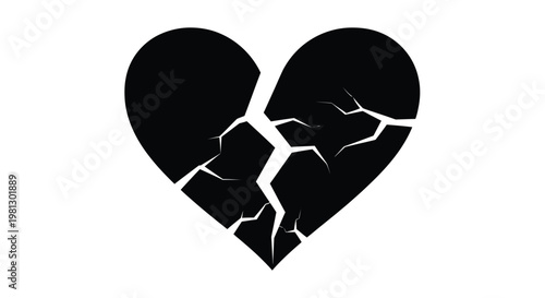 A striking vector graphic illustration depicting a deeply fractured and broken heart on a pristine white background.