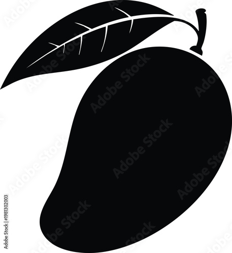 Black silhouette of a mango fruit with a leaf attached
