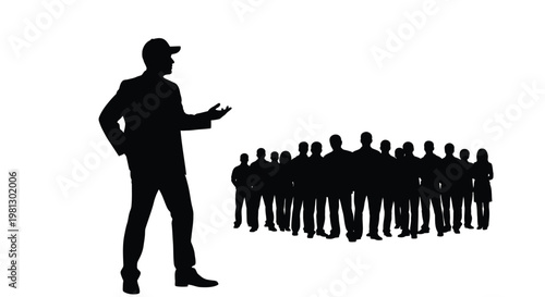 Professional business leader giving an informative presentation to a diverse group of attentive listening employees