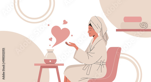 Woman Relaxing with Aromatherapy Diffuser, Heart Steam, Self-Care, Spa, Wellness