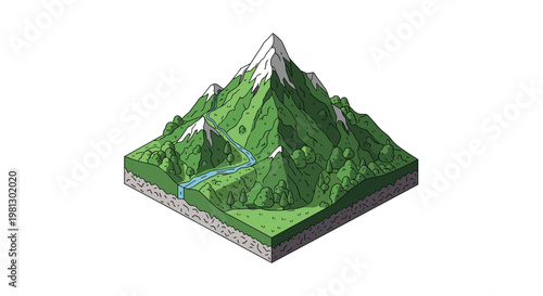 A solitary green isometric mountain peak capped with pristine white snow features a delicate waterfall cascading into a narrow blue river at its base.