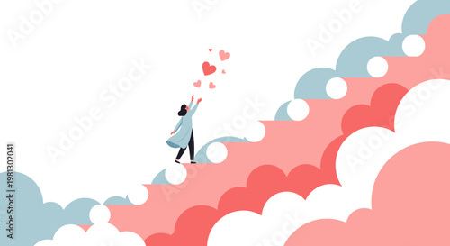 Woman reaching for hearts on cloud stairs, symbolizing love, dreams, and aspiration