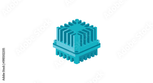 A vibrant teal isometric computer processor heatsink featuring numerous vertical cooling fins and a sturdy mounting base is presented in a clean technical illustration.