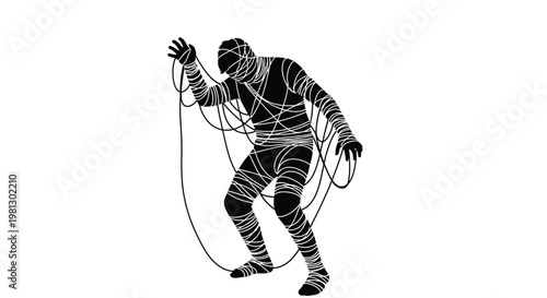 Black silhouette of a man wrapped in white rope as a creative vector graphic design illustration