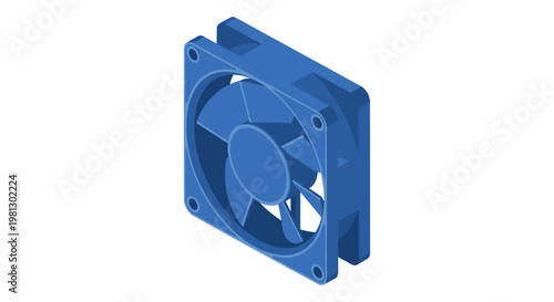 A detailed blue isometric computer cooling fan featuring three large aerodynamic blades and a sturdy square mounting frame is shown from a high angle.