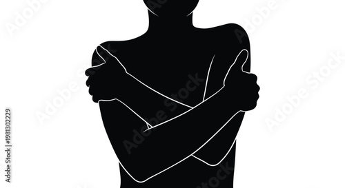 Positive body language vector graphic featuring crossed arms and two enthusiastic thumbs up symbols on chest.