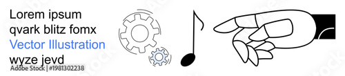 Artificial intelligence, music production, automation, robotics, technology, engineering concepts. A robotic hand pointing to a note with gears. Artificial intelligence and music production