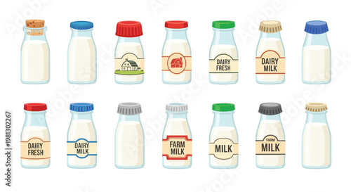 A diverse assortment of fourteen glass milk bottles featuring colorful plastic caps and descriptive labels like farm fresh milk rests on a pristine white surface.
