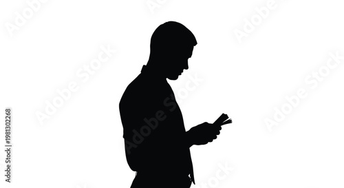 Silhouette vector illustration of a man intently counting a stack of money or important documents.