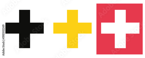 The medical cross symbol in three variations: dark, yellow, and white on a red background. It's an international symbol for medical personnel and hospitals
