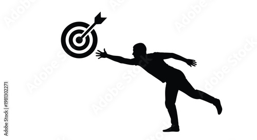Vector graphic illustration of a person reaching for a target successfully hit by an arrow.