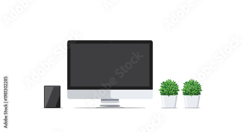 A modern minimalist workstation setup featuring a large silver computer monitor positioned between a vertical black tablet and two lush green potted decorative plants.
