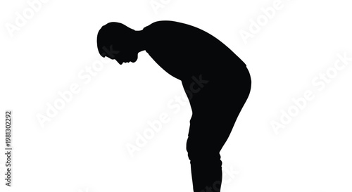 Minimalist vector graphic illustration featuring a male silhouette bowing in a formal and respectful gesture
