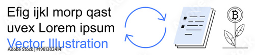 Data processing, document management, cryptocurrency, financial growth, blockchain, eco-friendly finance. Circular arrows, document and Bitcoin growth. Data processing and document management